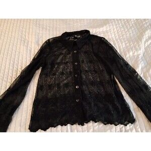 Vtg Carole Little Ladies M Top Black Sheer Lace Buttons Long Sleeve
